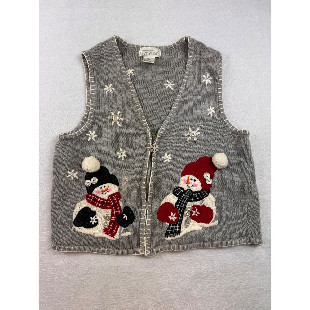 Mandal Bay Vintage Snowman Sweater Vest Gray Knit Zip Front Holiday Womens Large